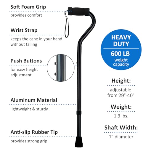 Sky Med Aluminum Lightweight Bariatric Heavy Duty Cane-600lbs Weight Capacity, for Women & Men, 1.3 lbs. Product Weight, Soft Hand Grip, Carrying Strap, Offset Handle (Black)