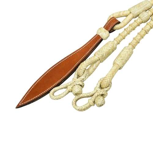 CALYX Natural & Black Knots Raw Hide Leather Horse Tack Hand-Braided Romal Romel Reins Ranch Rope/Rope Reins-8.5 Ft Rein, 52' Romel - color: Natural Rope and Natural Knots