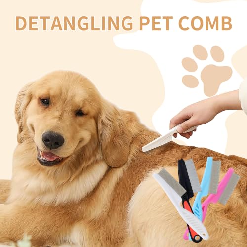 4-Pack Pet Flea Comb for Dogs & Cats - Fine Tooth Stainless Steel Grooming Comb with Non-Slip Rubber Handle, Effectively Removes Fleas, Mats & Tear Stains (Black, Blue, White & Pink)