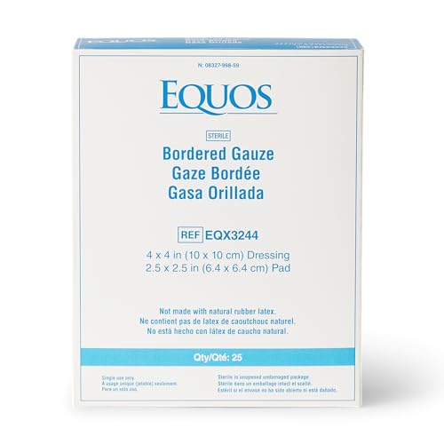 EQUOS Bordered Gauze Island Dressing, 25 Count, 4" x 4" Sterile Individually Wrapped Gauze Pads with Soaker Pad and Non-Woven Backing, Soft and Breathable Wound Dressing for First Aid and Medical