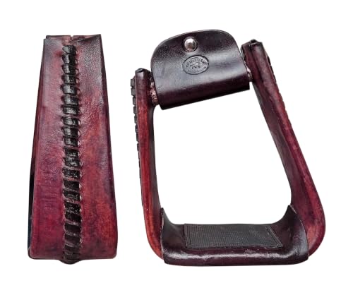 CHALLENGER Horse Western Saddle Angled Roper Stirrups Rawhide Leather Covered 5" Wide Roper Stirrups with Rubber Grip Tread 51174V