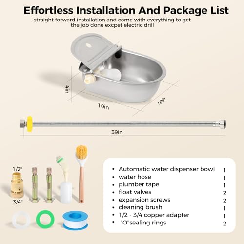 BinetGo Outdoor Automatic Water Dispenser for Dogs, Stainless Steel Bite Resistant Automatic Dog Water Bowl with Drain Plug, Outside Auto Refillable Water Bowl with Float for Goat Livestock