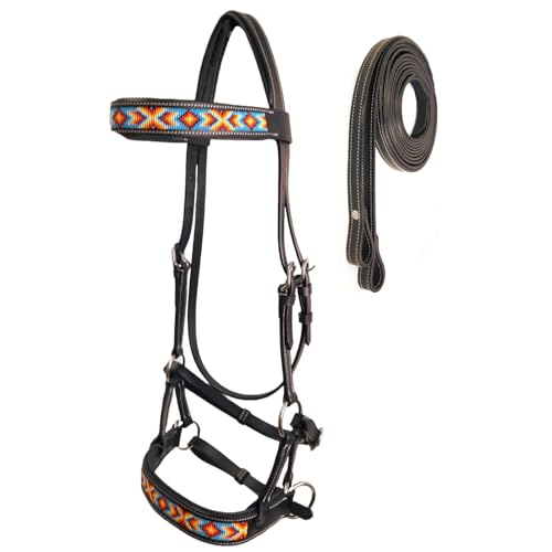 Tahoe Bitless Leather Horse Bridle - Turquoise Navajo Beaded Browband & Noseband with Split Reins, 1-Year Warranty - color: Dark Oil