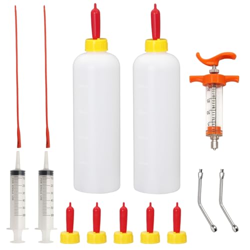 14PCS Lamb and Goat Kid Feeding Tube Kit Included 2 500ml Lamb Feeding Bottles 5 Milk Nipples 2 60ml Syringe with 2 16fr Red Feeding Tube Kit,1 20ML Reusable Goat Syringe with 2 Drench Nozzle (14)