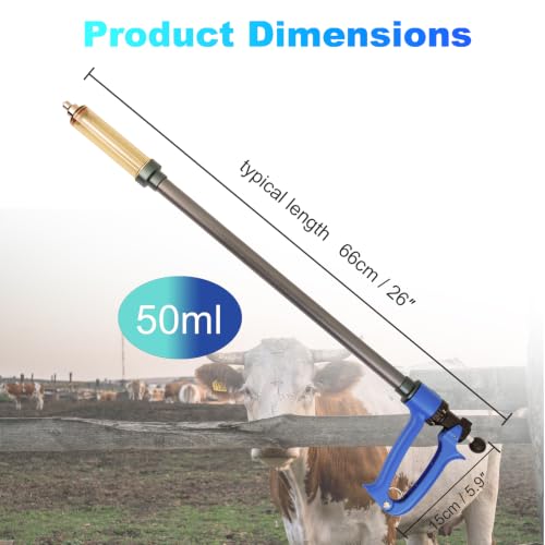 50ML Long-Handled Semi Automatic Livestock Syringe Long Arms Vaccine Gun | Long Handle Cattle Syringe, 5 Gears Dosage Adjustable Luer Lock Syringe, Continuous Repeating Veterinary Syringe