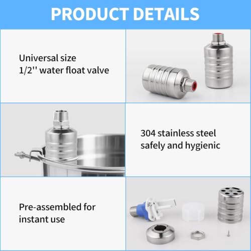 2Pcs Aquapulse Water Float Valve, Stainless Steel 1/2inch to 3/4inch Automatic Water Shut Off Float Valves for Garden Hose, Stock Tank, Water Tanks, Livestock Troughs, Pool, Water Trough