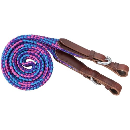 Tough 1 5 Foot Flat Braided Pony Reins Purple/Turq/Pink - color: Purple/Turq/Pink