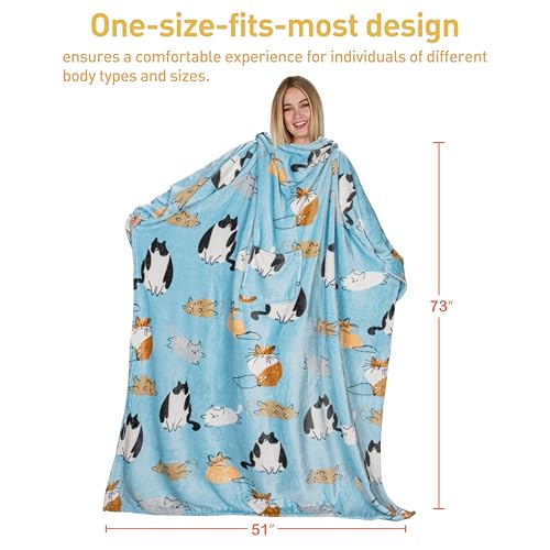 Catalonia Wearable Blanket with Sleeves for Women & Men, Fleece Wrap Throw - color: Blue Cat
