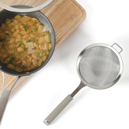 Calphalon Edge Stainless Steel Mesh Strainer with Thermoplastic Rubber Handle, Fine Kitchen Sieve for Draining, Rinsing, Sifting & Food Prep Tasks, Taupe - color: Taupe w/ Rubber Handl (Edge - Strainer)