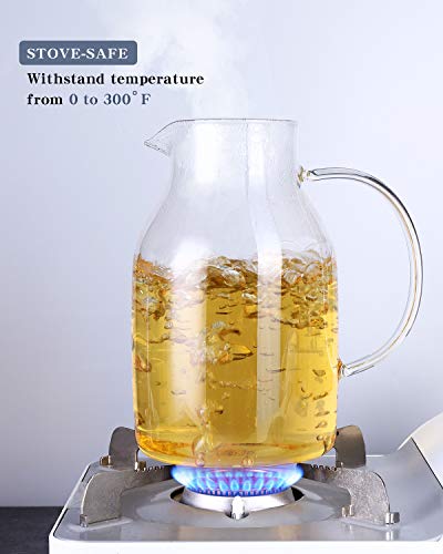 Kanwone 75oz Glass Pitcher with Stainless Steel Lid and Spout, Heat Resistant Borosilicate Glass Water Carafe for Sun Tea, Lemonade, Homemade Juice, Milk or Hot Beverages