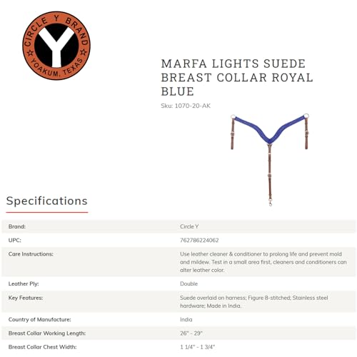 Circle Y Marfa Lights Suede Breast Collar | Royal Blue Suede Over Harness Leather | Western Breast Collar with Figure 8 Stitching & Stainless Steel Hardware | 26"-29" Adjustable Fit