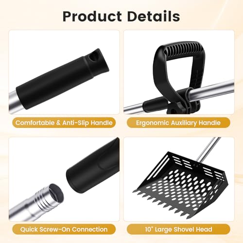Chicken Poop Scooper and Rake, 2-in-1 Metal Sand Sifting Shovel with 24-68 Inch Adjustable Stainless Steel Handle, Cleaning Tools for Outdoor Chicken Coops, Farm Animals House