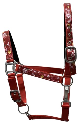 2 Ply Nylon Horse Size Halter with Flower Design Tape Accent - color: Red