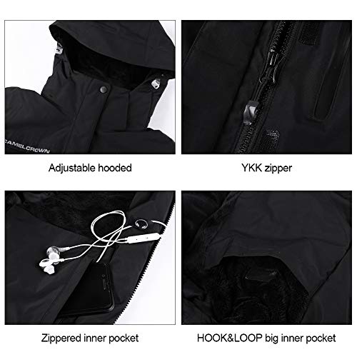 CAMEL CROWN Women’s Mountain Snow Waterproof Ski Jacket Detachable Hood Windproof Fleece Parka Rain Jackt Winter Coat - color: New Black-1, size: Large
