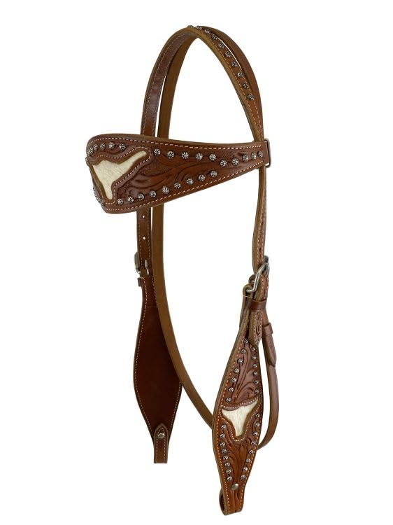 Showman Tooled Leather Headstall & Breast Collar w/Cut Out Steer Heads & Cowhide - color: Medium Oil