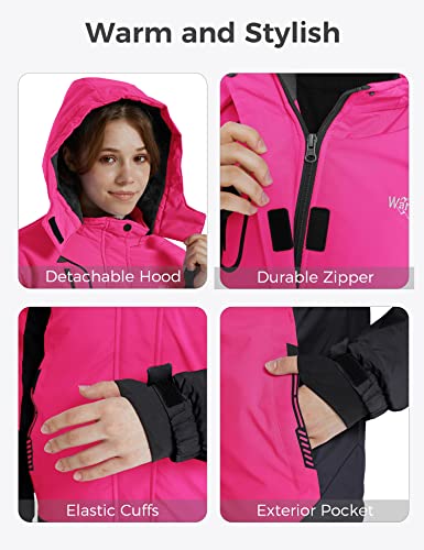 wantdo Girls Winter Ski Coat Fleece Snowboarding Jacket Waterproof 10000mm | Removable Hood, Chest Pocket, Fleece Lining, Windproof, Machine Washable - color: Rose Red, size: 6-7
