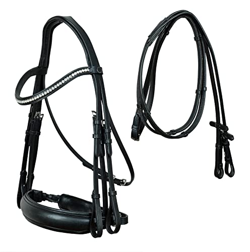 CHALLENGER Black Leather Horse English Bridle Rhinestones Wide Noseband Reins 803HI37BK-F