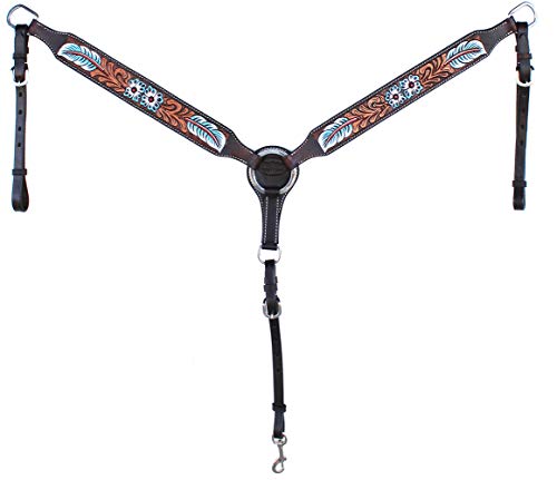 CHALLENGER Horse Western Leather Tooled Headstall Bridle Breast Collar Tack Set 78HRBrowbandSet - color: Brown Leather, Turquoise Feather