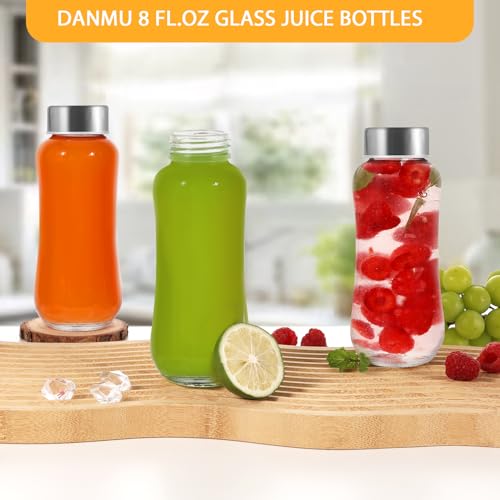 Danmu Glass Juice Bottles with Lids 8 oz,6 Pack | Juicing Bottles Reusable Glass,Stainless Steel Lids,Dishwasher Safe,Leakproof,Fridge Safe,Compact Size & Easy Grip,Portable - size: 8 fl.oz