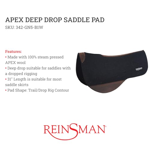 Reinsman Deep Drop APEX Wool Shock-Absorbing Moisture-Wicking Western Equestrian Horseback Riding Saddle Pad with Dropped Rigging Shape, Contoured Spine, Wither Relief Cutout, 31"x 36" (342-GN5)