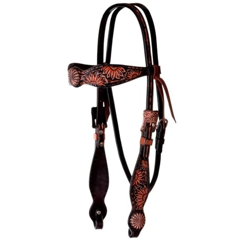 Circle Y Vintage Sunflower Browband Headstall - Durable Leather Double-Ply Western Horse Headstall with Stainless Steel Hardware & Chicago Screw Bit Ends