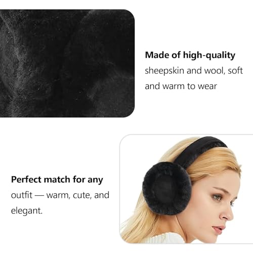 Aurya Sheepskin Earmuffs, Classic Ear Warmer for Winter Outdoor, Wool Ear Muffs for Men and Women - color: Black