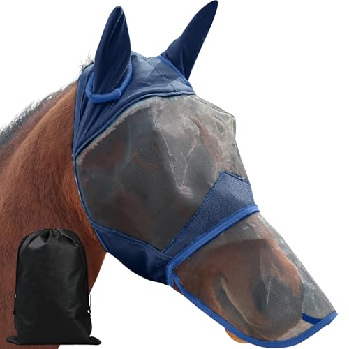 Full Face Long Nose Fly Mask with Ears Protection Maximum Coverage UV Shield for All Day Pasture and Turnout Use (Navy) - color: Navy