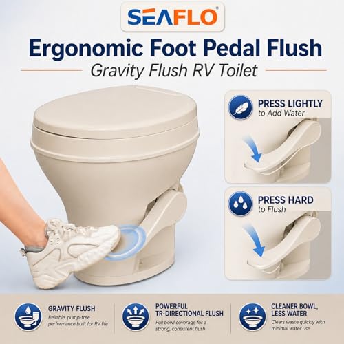 SEAFLO Residential Height Bone Camper/RV Toilet with Sprayer Attachment, 18.5” Standard Height, Gravity Flush System, Pedal Operation, Soft Close Seat, 4-Year Warranty (Bone W/Sprayer Attachment) - color: Bone w/Sprayer