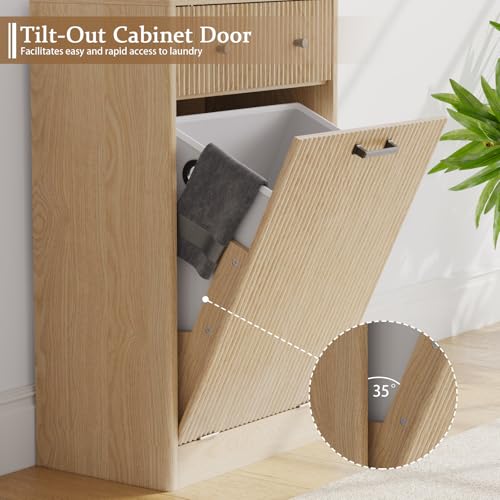 10 Gallon Tilt Out Trash Can Cabinet with Drawer, Hidden Trash Bin Storage & Laundry Hamper Cabinet, Pet Proof Trash Can Holder for Kitchen, Laundry Room & Bathroom, Oak - color: Oak