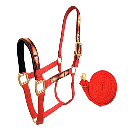 Patterned Nylon Horse Halters with Padded Noseband and Matching 10’ Soft Grip Lead Rope - 6 Month Warranty - color: Red Aztec on Red Nylon