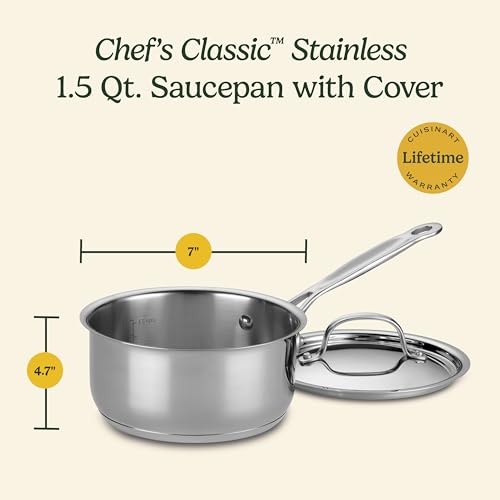 Cuisinart 1.5 Quart Sauce Pan with Cover, Stainless Steel Pot with Lid, Small Kitchen Pots, Dishwasher Safe, Compatible with Induction, Electric, Gas Cooktops, Oven Safe Saucepan, Cool Grip Handles | Stainless steel saucepan with aluminum encapsulated bas