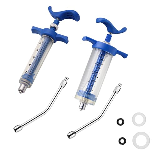 2Pcs Reusable Goats Syringe, 2 Drench Nozzle Adjustable Dosage Drench Gun Syringe for Bird, Cattle, Sheep, Goats, Horse, Pig, Dog Supplies, Pet Water Filler Tool (S+M-10ML+50ML) - size: S+M-10ML+50ML