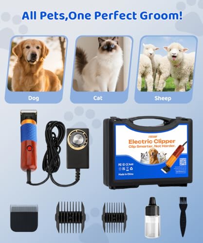 200W Professional Dog Grooming Clippers with Stepless Speed Control, Low Noise <50dB Pet Hair Trimmer Kit, Solid Wood Handle, 2 Blades, Dual-Sided Guide Combs, Heavy-Duty Plug-in Clippers for Cats