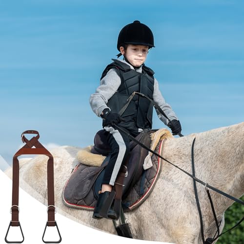 Simgoing Kids Western Stirrups Adjustable Nylon Straps Equestrian Safety Stirrups for Youth Riding Accessories, Height Below 140 cm - color: Brown