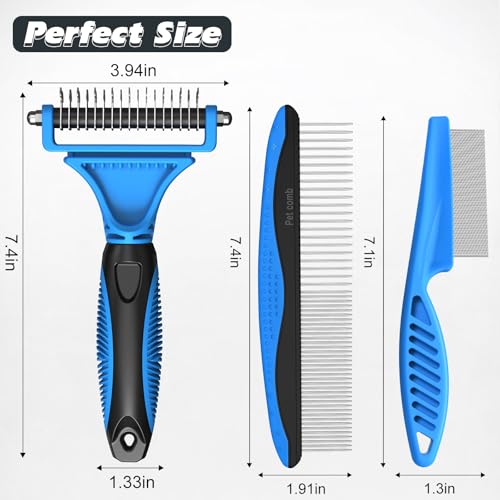 3PCS Pet Grooming Rake & Metal Comb & Flea Comb for Cats and Dogs, Double-Sided Dematting Tool, Extra-Wide Deshedding Dog Brush for Long Hair to Effectively Remove Tangles, Knots and Mats (Blue) - color: A-Blue