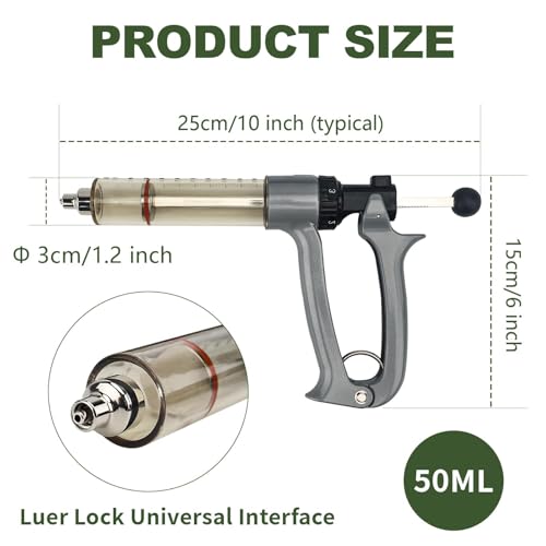 50ml Semi-Automatic Livestock Syringe Kit: Includes Spare Syringe, Luer Lock Adjustable Injector & Carrying Case for Cattle Cow Goat Sheep Pig Vaccination