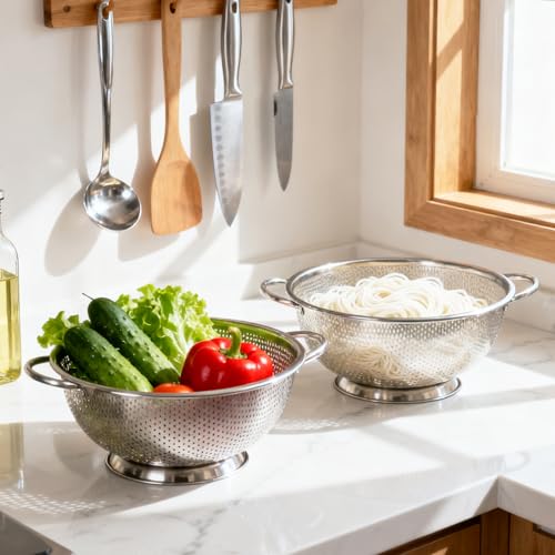 304 Stainless Steel Colander, Micro-Perforated 3-Quart Strainer with Base, Dishwasher Safe. Great for Pasta, Noodles, Vegetables & Fruits - size: 3QT