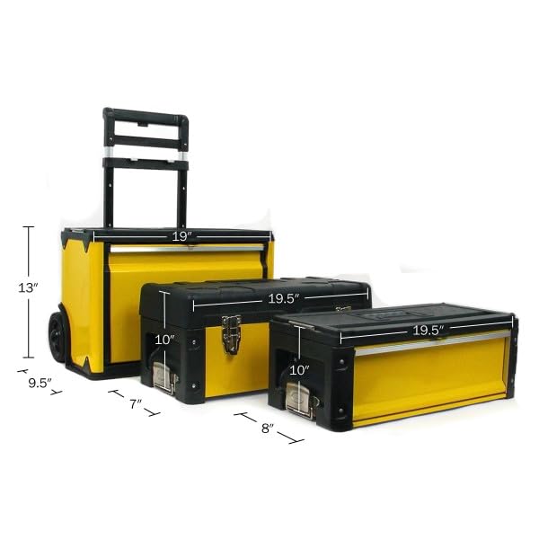 Portable Tool Box on Wheels - Stackable 3-in-1 Chest for Workshops and Craft Rooms - Foldable Comfort Handle and Latches by Stalwart (Black/Yellow) - style: 3-in-1