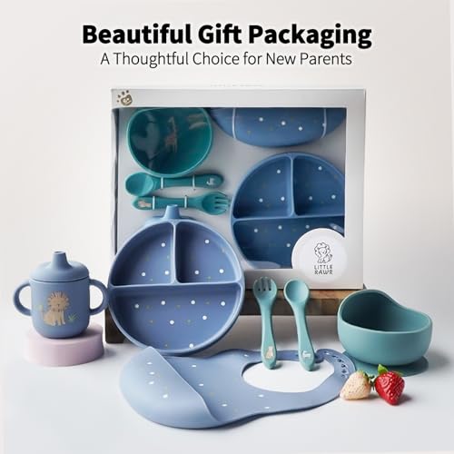 Little Rawr Baby Led Weaning Bundle, 100% Silicone Baby Feeding Set Includes Divided Plate, Suction Bowl, Straw Cup, Bib, Spoon & Fork, Develops Self Feeding Skills, Dishwasher Safe (Blue) - color: Blue