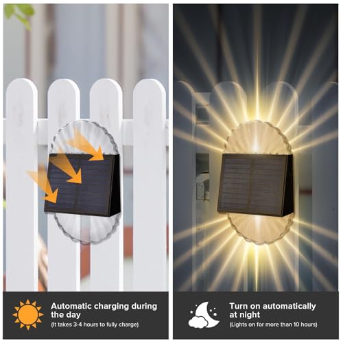 Deck Post ights, 4 Pack Fence Solar Lights, Solar Fence Lights Outdoor Waterproof Led for Garden, Yard, Outdoor, Patio Decor, Warm White