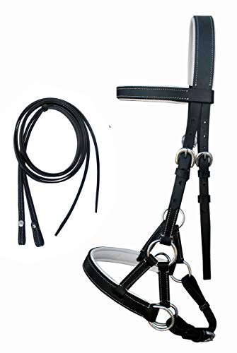 CHALLENGER Horse Western Brown Leather Training Tack Bitless Sidepull Bridle Reins 7711 - color: Black/White, size: Full