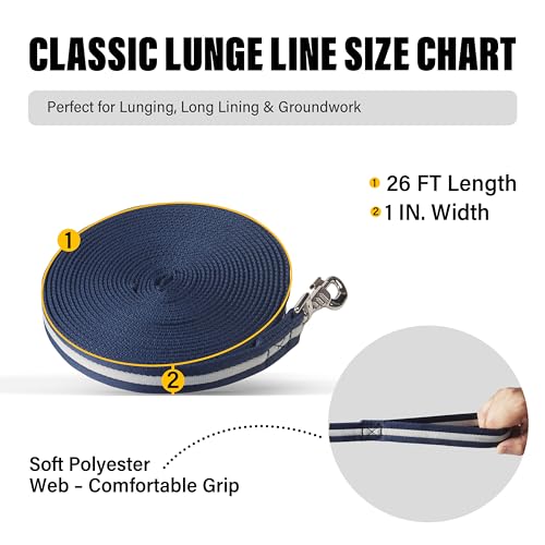 26FT Horse Lunge Line, Multi-Use Training Leash, Equine Lunge Rope - color: Dark Navy/Light Gray
