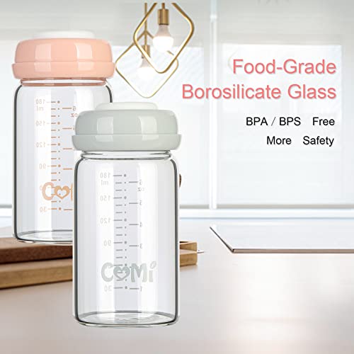 COMI Wide Neck Glass Breastmilk Collection n Storage Bottle, 6oz with Screw Ring Sealing Disk; Re-markable Sealing Disc. BPA Free, Fits Breast Pumps & Nipples (2 Pack Pink Lids) - style: 180ml 2PINK