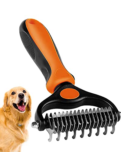 Undercoat Rake for Dogs, 2 in 1 Dematting Comb & Deshedding Tool for Long Hair Pets, Pet Hair Grooming Brush, Clear Mats and Tangles, Reduces Shedding by 95% - color: Orange