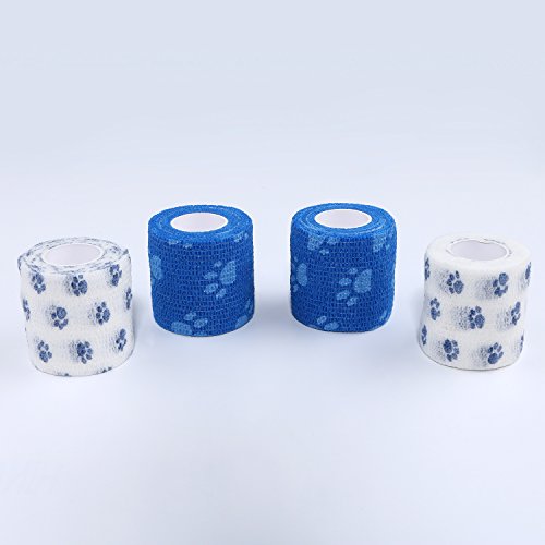 Pet Bandage Cohesive Bandage Self Adhering Wrap Tape, Multi-Function Elasticity Gauze Rolls Wrap First Aid Vet Tape for Dogs Cats Horses Birds Ankle Sprain (White and Blue)