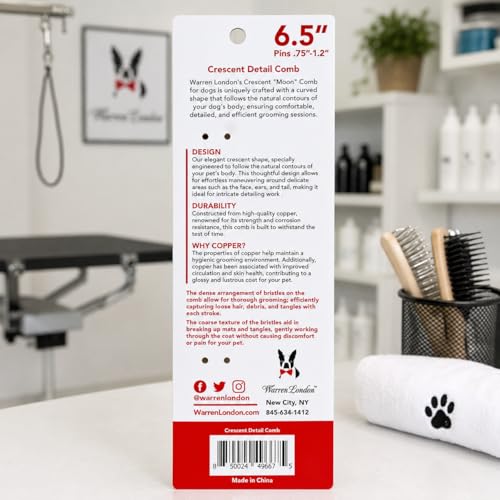 Warren London Crescent Detail Copper Dog Grooming Comb for Face and Detail, 6.5 Inch