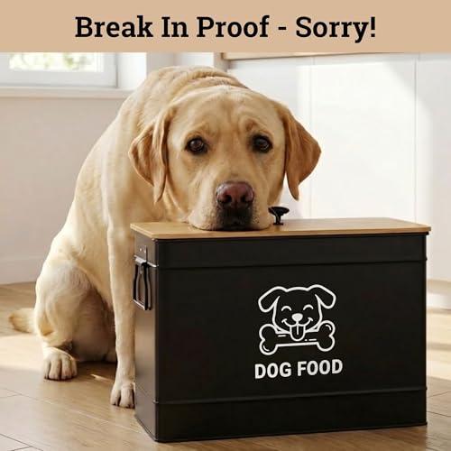Metal Dog Food Container 15-20 lbs w/ Airtight Bamboo Lid, 70 Cup Capacity - color: Black