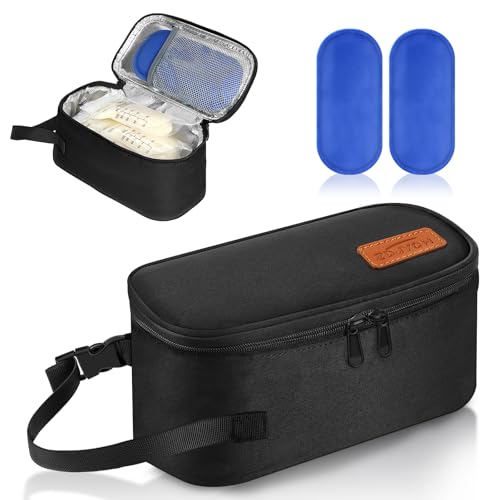 Small Portable Breast Milk Cooler Travel Bag with 2 Ice Packs, TSA Approved, Keeps Frozen Breast Milk Cold 8-10 hrs; fits 5-7 Flat Milk Storage Bags - Diaper Bag Size for Working & Traveling Moms