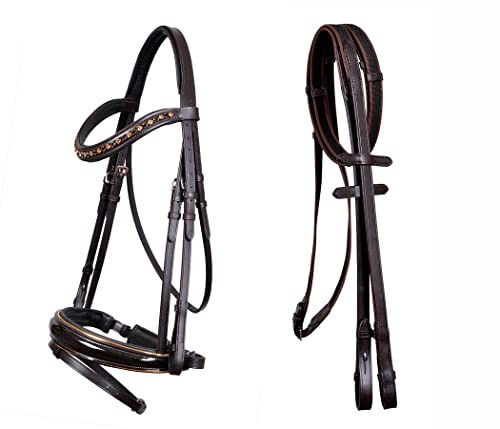CHALLENGER Horse English All-Purpose Trail Pleasure Padded Leather Crystal Browband Bridle with Buckle Reins 803HI22BR-F
