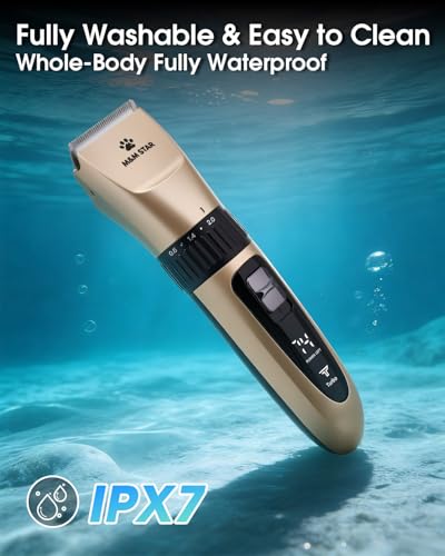 M&M STAR Dog Grooming Kit, Low Noise Dog Clippers, 2-Speed IPX7 Waterproof, Rechargeable Cordless Pet Hair Clippers Trimmer Shaver with LED Display for Dogs and Cats, Gold